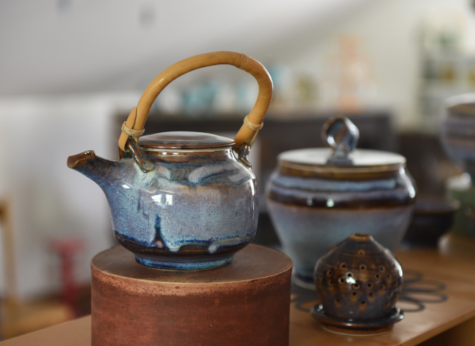 blue pottery teapot