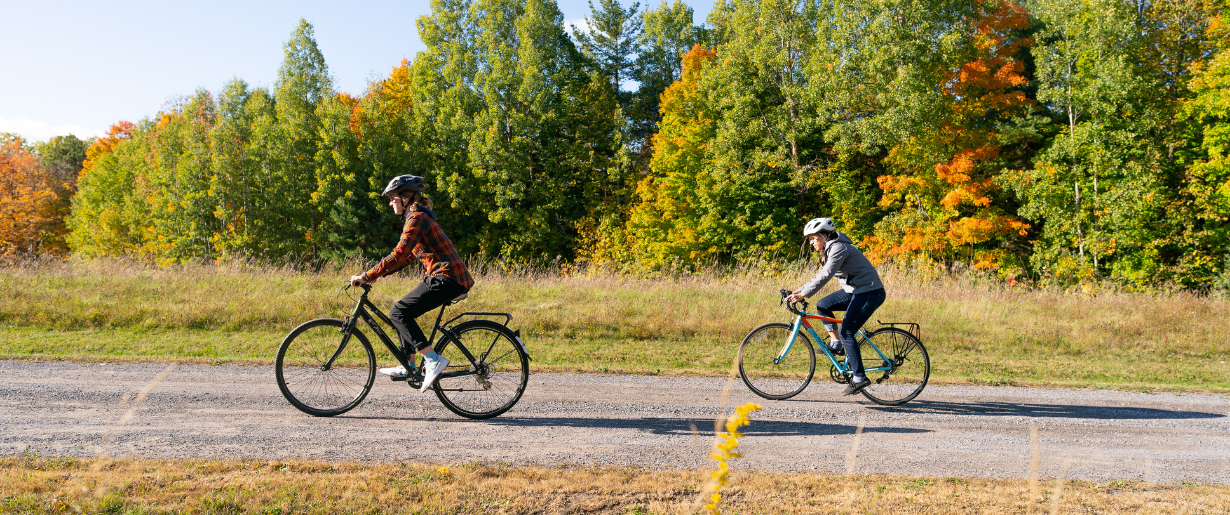 two people on bicyles ride along a trail