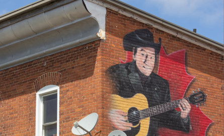 a mural that depicts a man playing a guitar